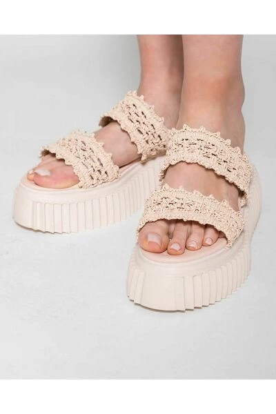 AGL Slippers Crochet Mules With Wedge Soles Beige 4 AGL Slippers Crochet Mules With Wedge Soles Beige - Afbeelding 2