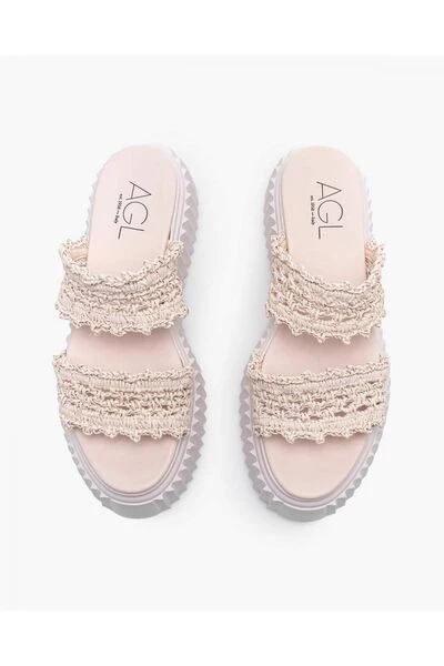 AGL Slippers Crochet Mules With Wedge Soles Beige 3 AGL Slippers Crochet Mules With Wedge Soles Beige